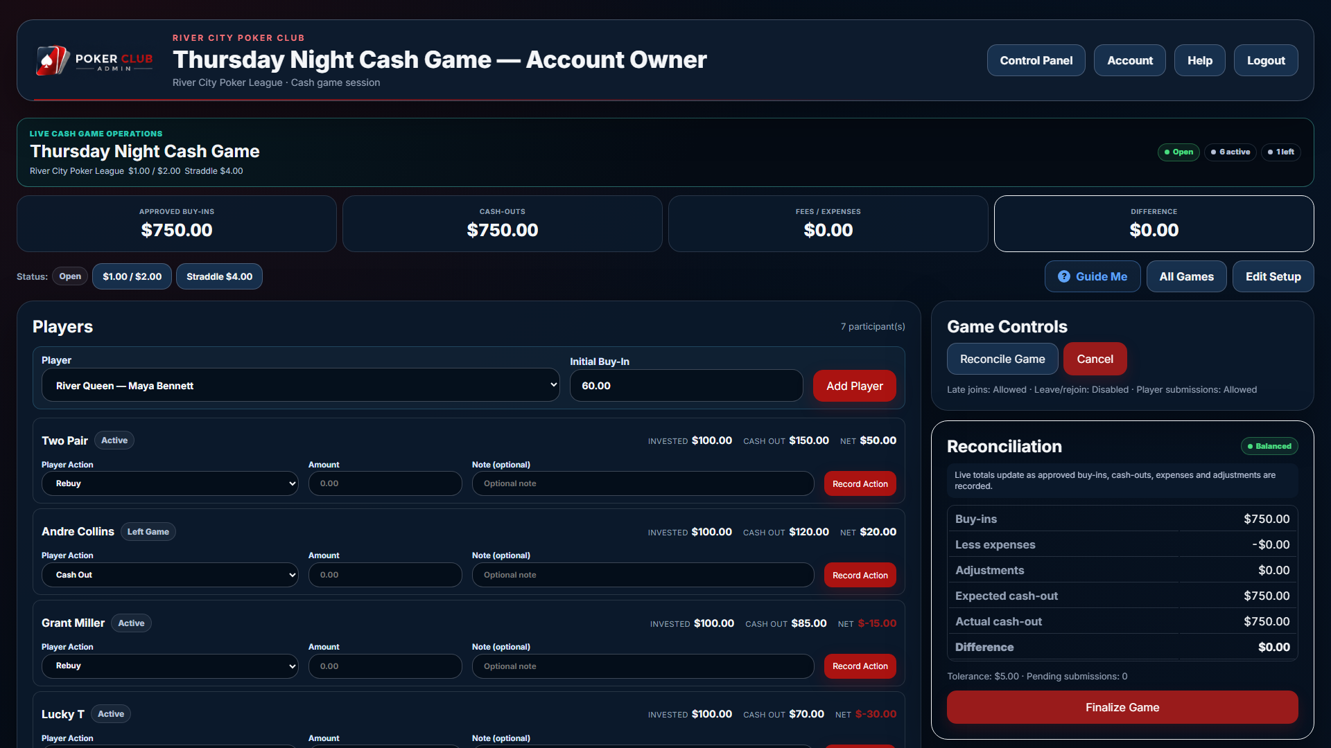 Live Cash Game Operations showing populated player activity, buy-ins, cash-outs and balanced reconciliation