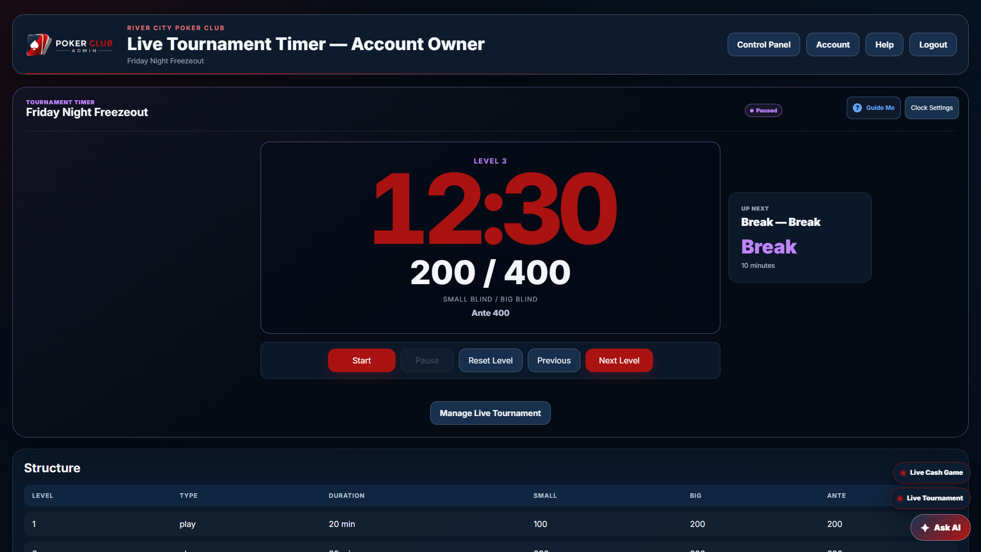 Poker Club Admin live tournament timer